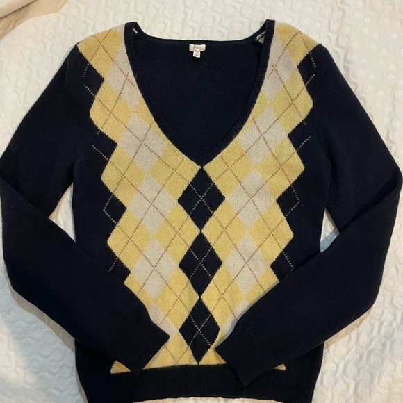 J Crew 100% Lambs Wool Sweater Black and Yellow Checkered Print V-Neck Large - Picture 1 of 8